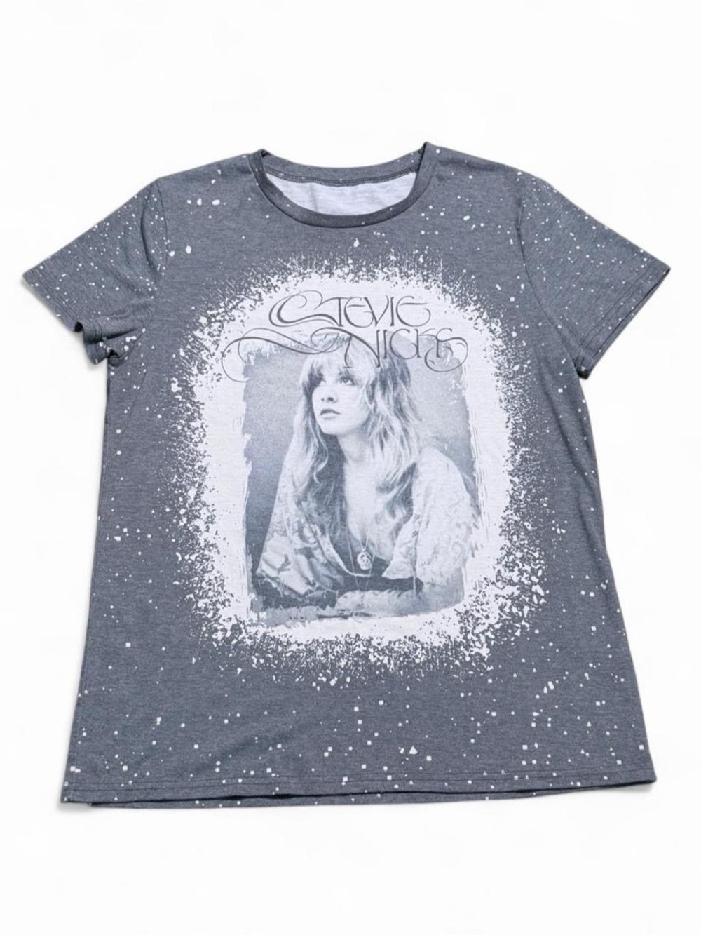 M Stevie Nicks Vintage Style Graphic Short Sleeve Tee Gray Bleach Splatter Boho